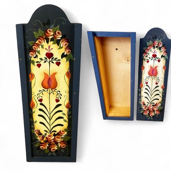 VTG Hand Painted Wood Tole Folk Art Sliding Lid Candle Match Box PA Dutch Style - Picture 1 of 16